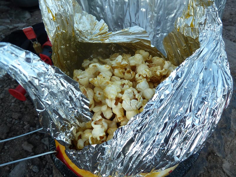 danger: jiffy pop on open campfire, INGREDIENTS: Popcorn, p…