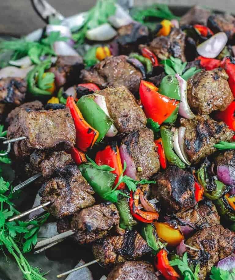 shish kebabs on serving tray